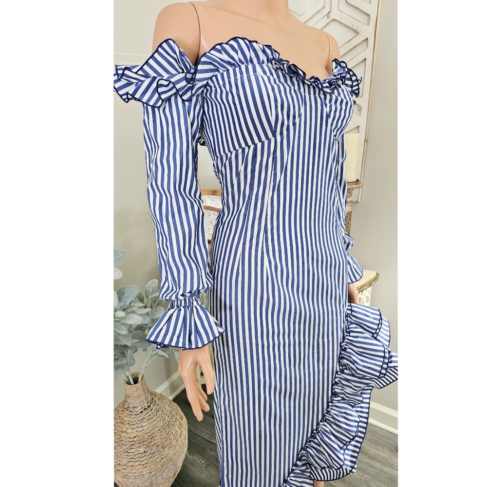 Petersyn Kerri Blue White Stripes Off Shoulder Ruffles Long Sleeve Maxi Dress